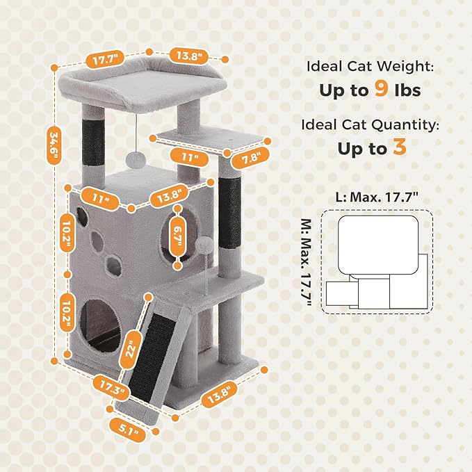 PETEPELA Cat Tree for Indoor Cats, 34.6" Small Cat Tower with Scratching Posts, 2 Condos, Scratching Ramp & Dangling Toys, Cat Play House for Multi-Cat Households, Black