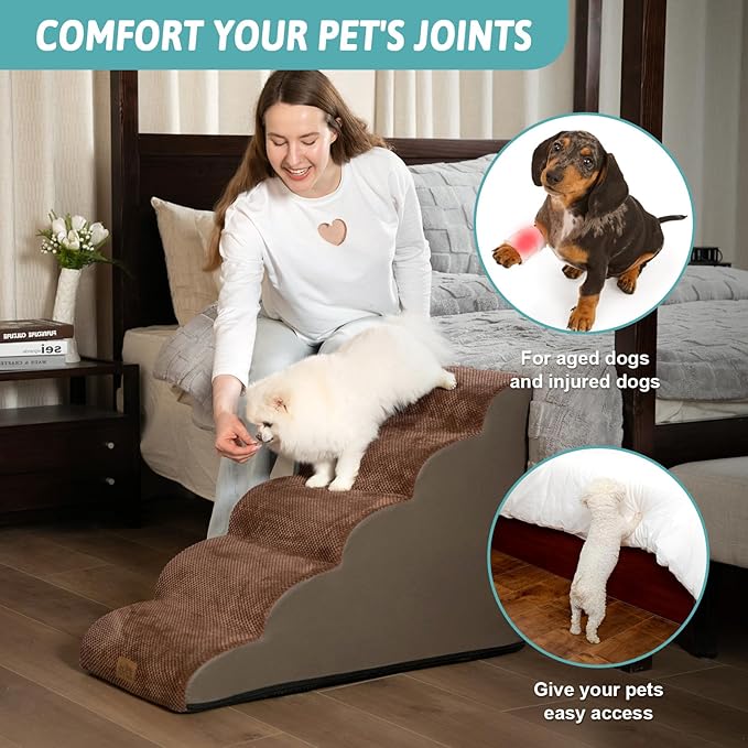 COZY KISS Dog Stairs for High Bed 22.6" H, Small Dog Step for Puppy, Older or Cat, Curved Ramp for Car, Ladder with High Density Foam, Lightweight, Durable, 15.7x33x22.6 inch, 5 Step, Brown