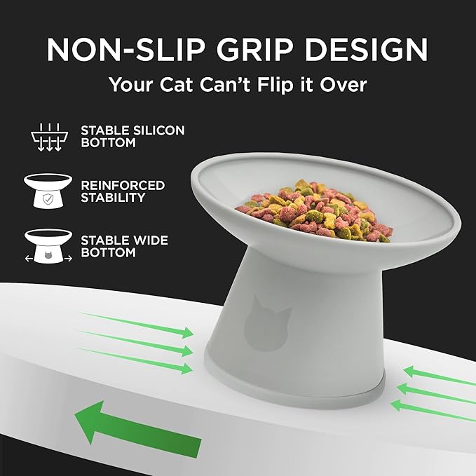 Necoichi 2pcs Extra Wide Elevated Cat Food Bowls – BPA-Free Plastic Raised Bowls to Reduce Whisker & Neck Fatigue – Dishwasher Safe – Non-Slip, Anti-Vomiting Ergonomic Design (Urban Fog)