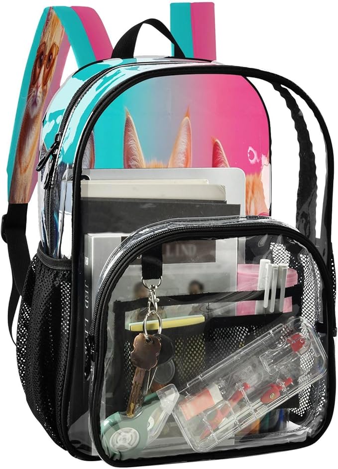 Three Cool Cats Clear Backpack with Back Print, Heavy Duty See Through Backpacks PVC Transparent Daypack for Travel Security