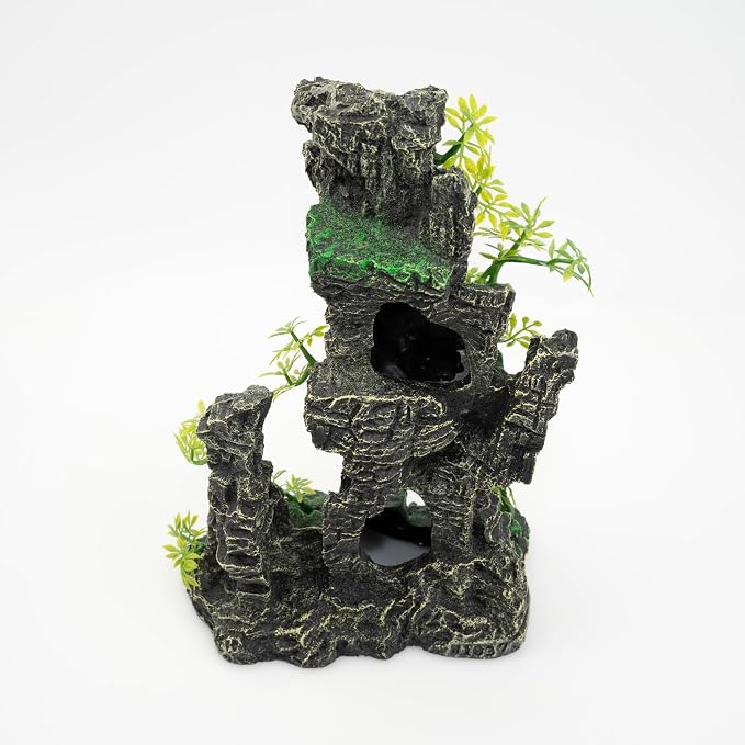 Aquarium Mountain View Stone Ornament, Large Resin Hideout Cave for Betta & Shrimp, Fish Tank Decor Rock Cave with Fish Cave and Hideouts (7.87" x 4.72" x 11.81")