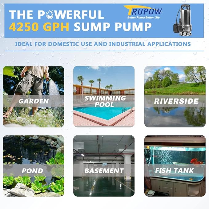 Trupow 1.5HP 110v Submersible Sewage Drain Flood Stainless Steel Clean/Dirty Water Sump Transfer Pond Garden Pump