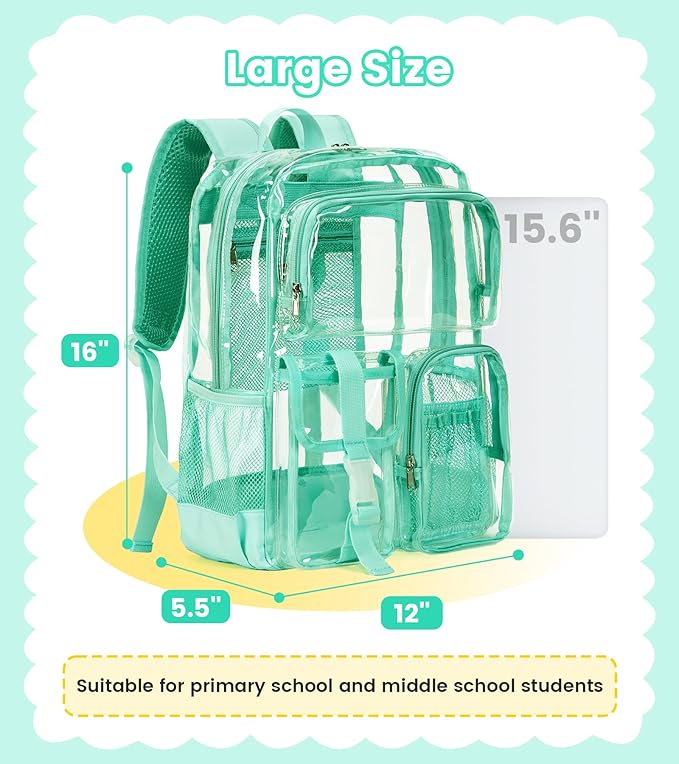 Vorspack Clear Backpack for School - Heavy Duty Transparent Bookbag for Girls Boys Large See Through backpacks for Work, College, Travel - Mint Green