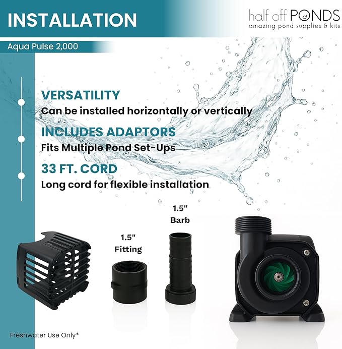 HALF OFF PONDS Submersible Water Pump, 2,000 GPH Pond Pump with 33FT Power Cord and 18FT Max Head, 156W Ultra Quiet Energy Efficient Pump for Koi Pond, Fountain, Waterfall, Water Garden, Skimmer