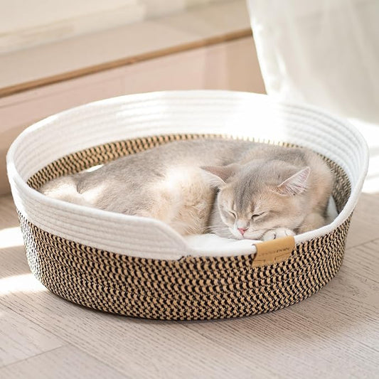 CHEERHOME PETS Cat Bed Basket with Cushion, Cotton Rope Woven Pet Bed for Indoor Cats Couch, Stimulicat Cat Bed Handwoven Breathable, All Season Universal (Brown)