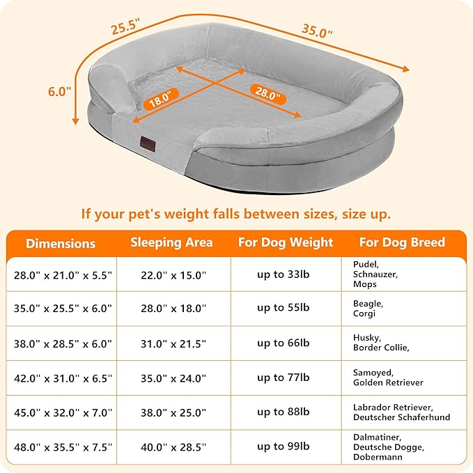 Dwanton Orthopedic Dog Bed for Medium Dogs with Gel Memory Foam, Waterproof Dog Sofa, Washable Pet Bed with Four Sided Bolster Cushion, Removable Cover & Non-Slip Bottom, 36", Light Gray