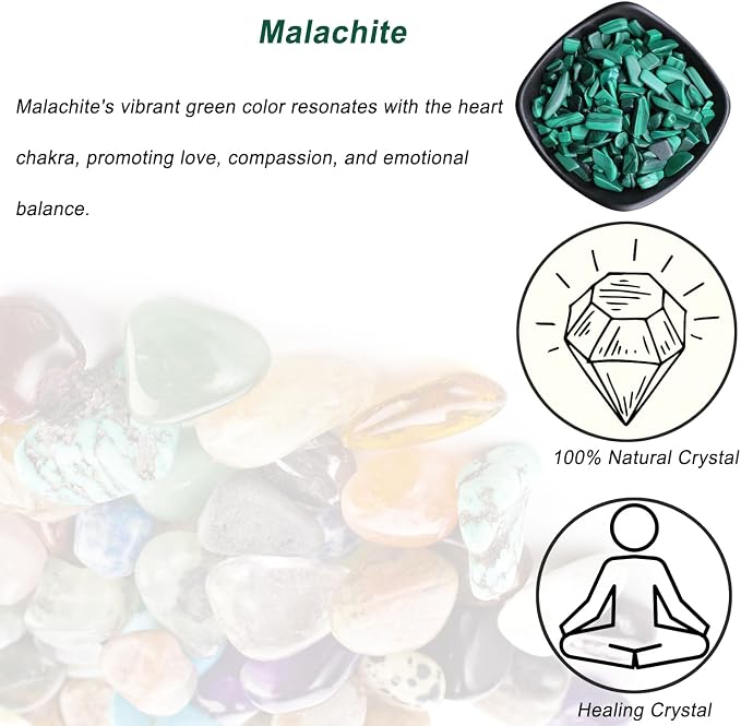 Erliway Malachite Crystal Chips Bulk for Vase Filler Crafts, 0.5 lb 7-9 mm | Natural Crushed Crystal Stone for Spell Jar, Aquarium Gravel, Reiki Healing Meditation, Jewelry Making, Resin Art, Home Décor