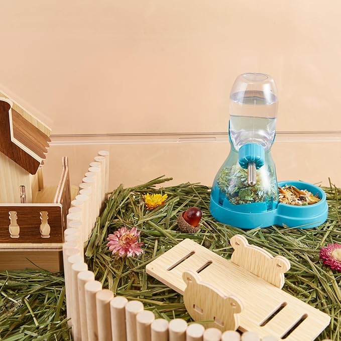 2 in 1 Hamster Water Bottle No Drip with Large Capacity Automatic Food Dispenser Small Animal Feeder for Syrian Dwarf Hamster Mouse Rat Degu (Blue, 3oz)