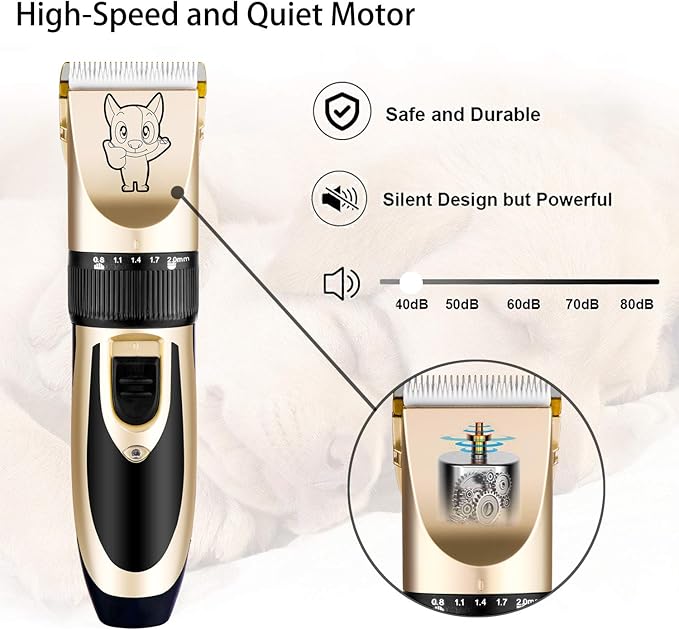 Highdas Dog Clippers for Grooming Rechargeable, Electric Dog Grooming Kit Clippers Low Noise, Cordless Quiet Dog Shaver, Pet Hair Trimmer Set for Dogs, Cats, Pets (Gold)