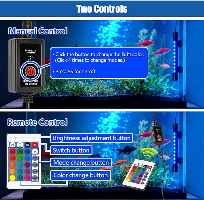 LED Aquarium Light with IP68 Waterproof and Memory Function Submersible Fish Tank Light with Remote and 16 Colors 11 Inches Brightness Adjustable Underwater Light Bar for Fish Tank Aquarium