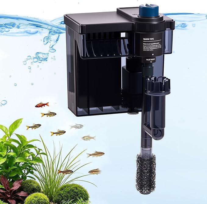 Hang on Back Aquarium Filter，Aquarium Filter，Quiet for 3-15 Gal. | Adjustable Flow, With surface skimmer and sponge guard.Freshwater & saltwater compatible, 6W, 140 GPH.