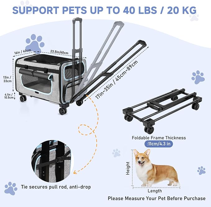 Pet Carrier with Wheels for Cats and Dogs, Pet Bag with Detachable Wheels & Washable Plush Pad, Escape-Proof Zipper & Shoulder Strap, Portable Carrier for Outdoor and Car Travel(Max. 40 lbs)
