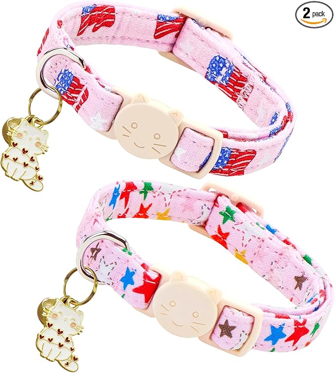 Elegant little tail Independence Cat Collar- 2 Pack Flag Print Cotton Breakaway Cat Collars with Bell Pendant Kitten Boy Girl Safety Adjustable Collar for Small Cats Puppy