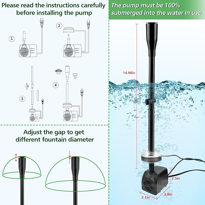 15W 800L/H Submersible Pond Fountain Pump with LED Lights, Ultra Quiet Water Pump, Pond Fountain Pumps for Small Pond, Garden, Aquarium, Fish Tank, Indoor Outdoor Fountain 3 Type Nozzle (White)