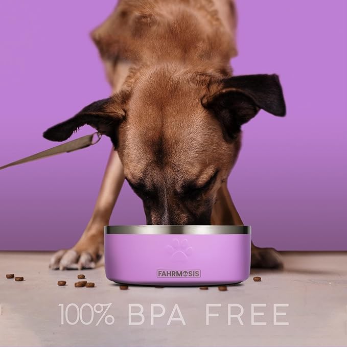 FAHRMOSIS 64 OZ Dog Bowl with Slow Feeder Insert Stainless Steel Pet Water Bowl for Medium & Large Breed Non Slip Rubber Base & Plastic Puzzle Feeder - Lavender