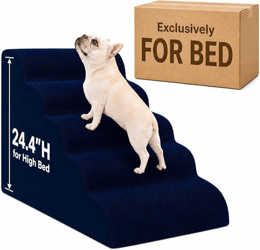 Dog Ramp for Bed,Pet Ramp for High Bed,Dog Stairs for Small & Medium Dogs,Curved Non-Slip Ladder for Older Dogs & Cats,24.4" H,5-Step（Blue）