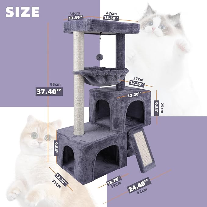 AIWIKIDE 37.4" Cat Tree Tower with Twin Cat Condos for Indoor Cats, All-in-One Activity Center with Cat Scratching Post Cozy Sleeping Perch Hammock and Toy Balls,Grey