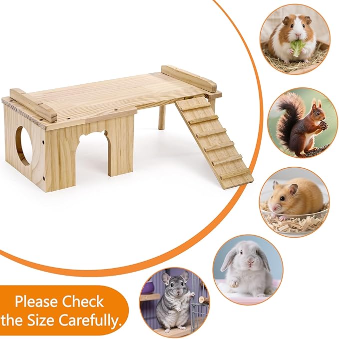 Hacaroa Wooden Hamster Hideout with Ladder, Large Hamster Platform Guinea Pig Hide Play House, Small Animals Climbing Toy Chinchillas Cage Accessories for Syrian Hamsters, Rats, Gerbils