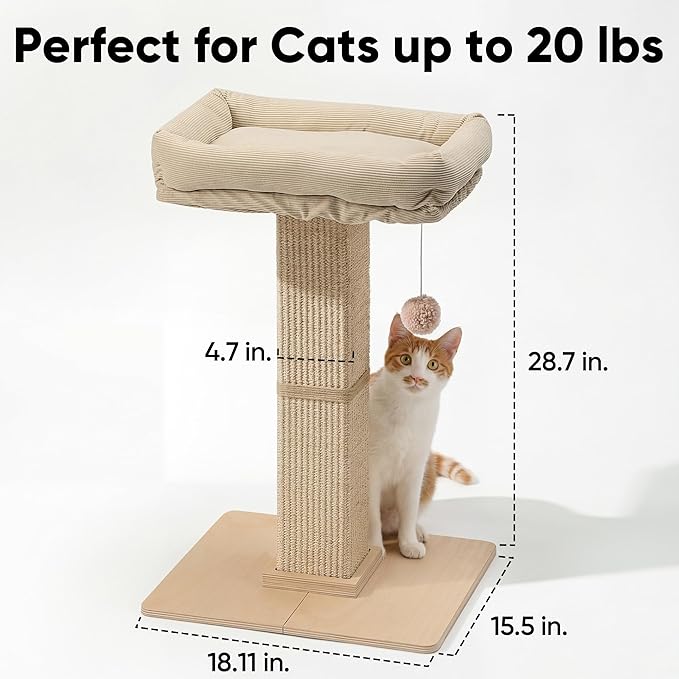 FUKUMARU Cat Scratching Post, Modern Style Tall Scratch Posts with Perch for Infoor Cats Adults, Large Cat Scratcher Tower with Bed, Small Tree with Raised Stand, Natural Sisal & Solid Wood