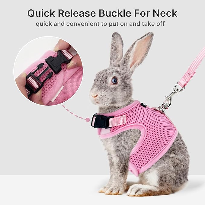 AIITLE Lightweight Escape Bunny Harness and Leash Set - Air Mesh Vest with Double D-Rings, Adjustable & Magic Tape Design, for Ferret/Cat/Puppy Training and Hiking Adventures, Pink L