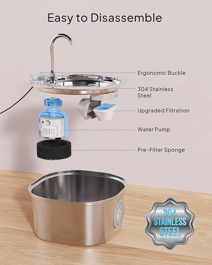 PEKTACO Stainless Steel Cat Water Fountain, 3.2L/108oz Cat Water Dispenser with Quiet Water Pump, Dishwasher Safe Pet Drinking Fountain for Cats