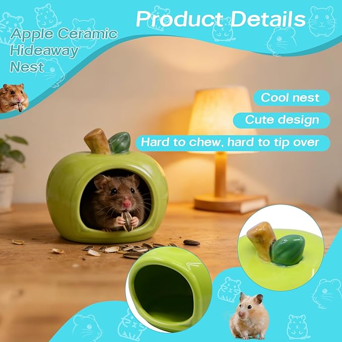 Cute Ceramic Hamster Hideout Habitats Syrian Dwarf Hamster Hide Hideaway House Cozy Bed Mini Chinchilla Gerbils Mice Hut Small Animals Sand Bath Cave Cage Accessories (Green)