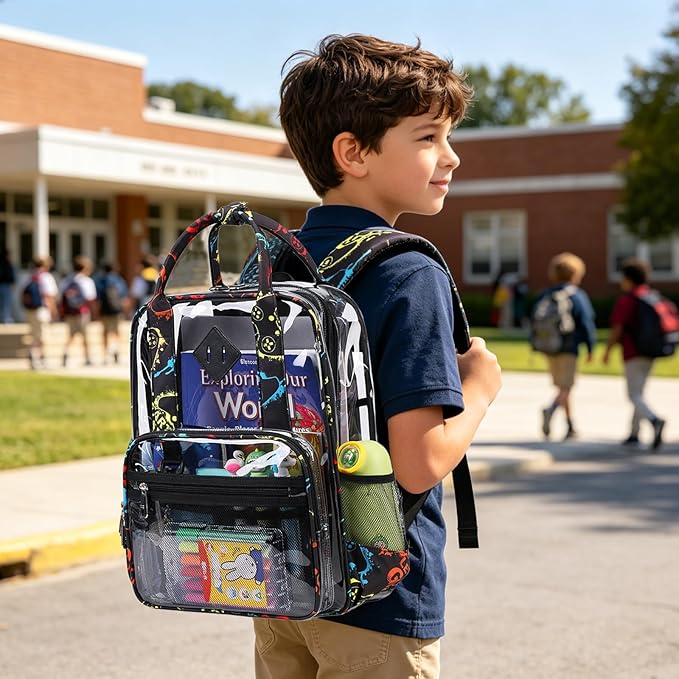 MOONBABY Small Clear Backpack for School Transparent Bookbag for Kids Heavy Duty PVC See Through Backpack Stadium Approved