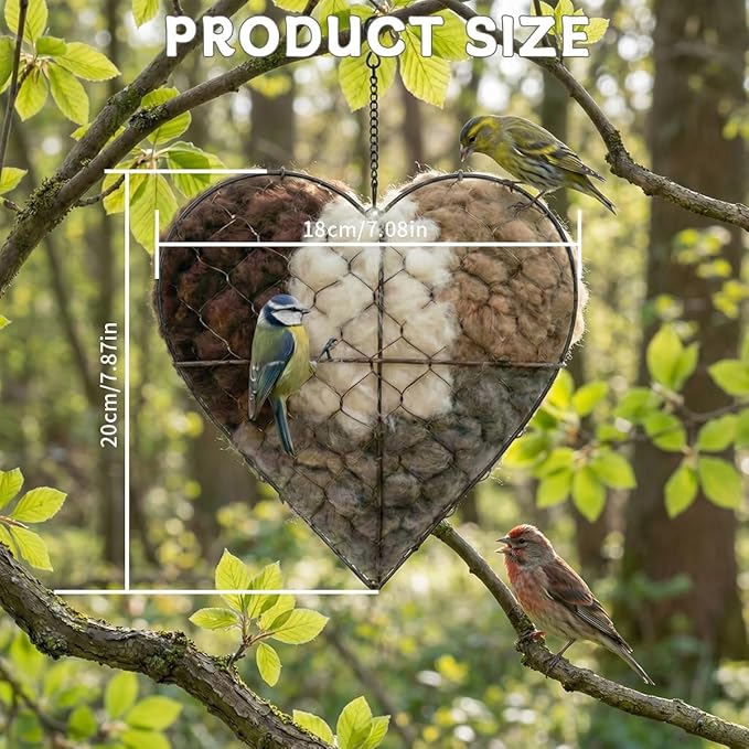 Handmade Alpaca Fiber Bird Nesting Heart, Alpaca Fiber Bird Nesting Material, Heart Shaped Birds Nestings House with Hanger for Wild Birds, Decorative Outdoor Garden Birdhouse Gift(1PCS)