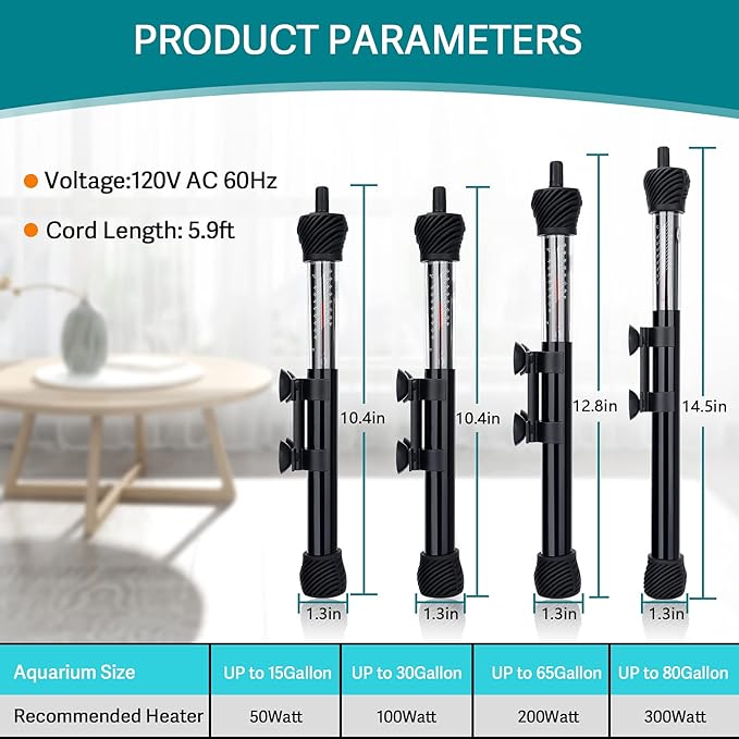 hygger ETL Certification Aquarium Heater, 50W/100W/200W/300W Submersible Fish Tank Thermostat Heater with Firm Double Pair Suction Cups for Coral Saltwater and Freshwater Tank with Thermometer (200W)