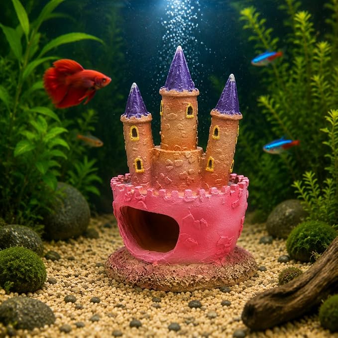 Pink Castle Resin Aquarium Ornament, Large Fish Tank Decoration with Heart-Shaped Cave, Betta Hideout for Freshwater and Saltwater Tanks