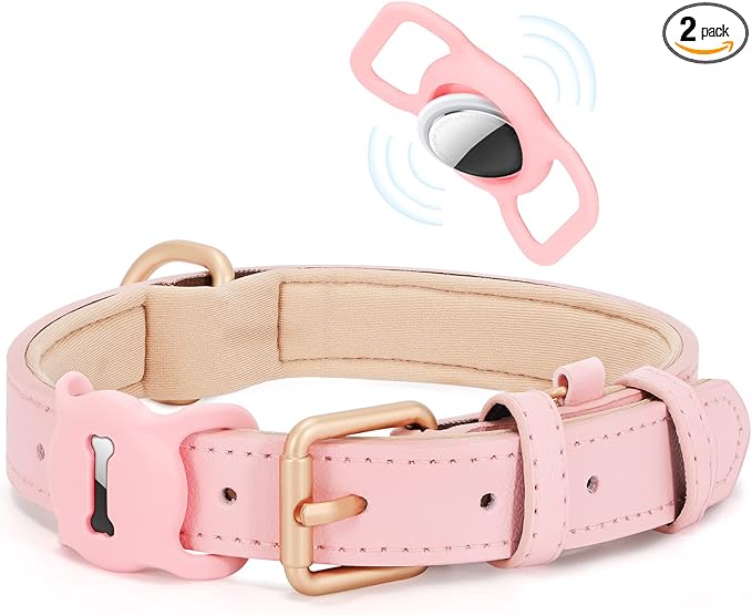 WHIPPY Airtag Leather Dog Collar GPS Tracker Air Tag Puppy Collar Adjustable Soft Leather Padded Dog Collar with Airtag Holder Case for Small Medium Large Dog Pet Backpack,Pink,M