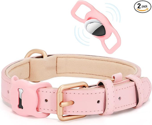 WHIPPY Airtag Leather Dog Collar GPS Tracker Air Tag Puppy Collar Adjustable Soft Leather Padded Dog Collar with Airtag Holder Case for Small Medium Large Dog Pet Backpack,Pink,M