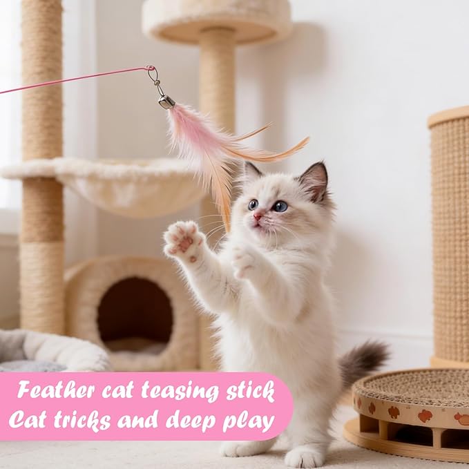 4 Pcs Cat Feather Toys, Interactive Cat Feather Wand Toy Pet Teaser Wire Wand with Bell Beads Wands Toys for Cats Chase Exercise Play