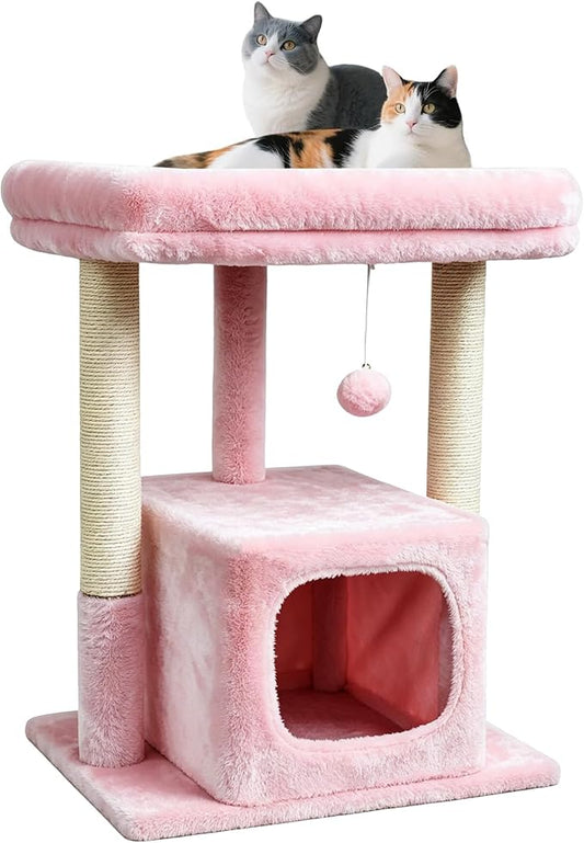 SYANDLVY Small Cat Tree for Indoor Cats Large Adult, 27" Activity Tower with Scratching Posts, Modern House with Padded Perch, Kittens Condo, Cat Cave, Pink
