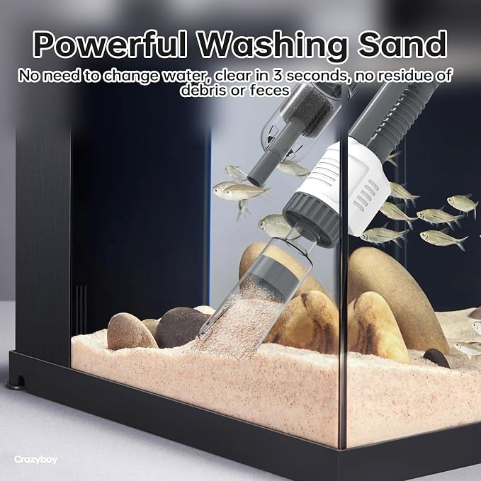30W Electric Aquarium Gravel Cleaner, 6-in-1 Automatic Fish Tank Vacuum with Adjustable Suction Power, Removable Motor for Easy Maintenance, Efficient Water Changer & Substrate Scraper Kit (White)