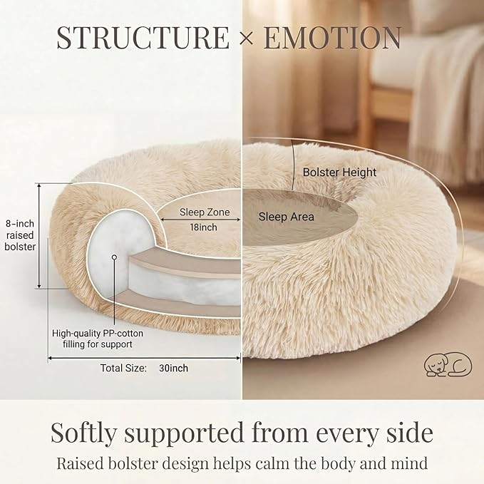 Calming Dog Bed for Medium Dogs Washable Donut 30 inches Anti-Slip Pet Bed,Round Fluffy Plush Faux Fur Cat Bed,Fits up to 45 lbs Pets,Beige