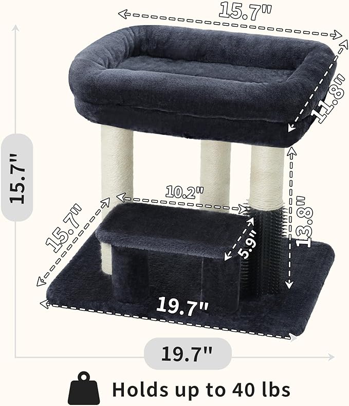 Heybly Cat Scratching Post, Small Cat Tree Tower with 3 Full Sisal Posts, Removable Plush Bed, Grooming Brush, Stable & Space-Saving Cat Furniture with Gentle Step for Indoor Cats, Smoky Gray HSP001SG