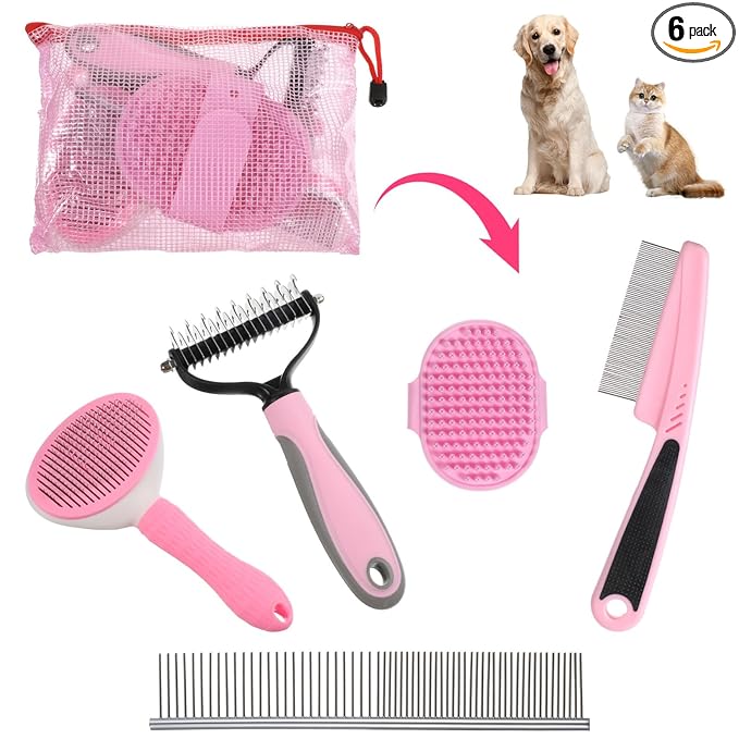 6PCS Dog Grooming Kit, Pet Grooming Kit, Deshedding Brush for Short Hair, Slicker Brush, Flea Comb, Puppy Brush Set in Pink for Dogs, Cats