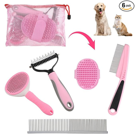6PCS Dog Grooming Kit, Pet Grooming Kit, Deshedding Brush for Short Hair, Slicker Brush, Flea Comb, Puppy Brush Set in Pink for Dogs, Cats