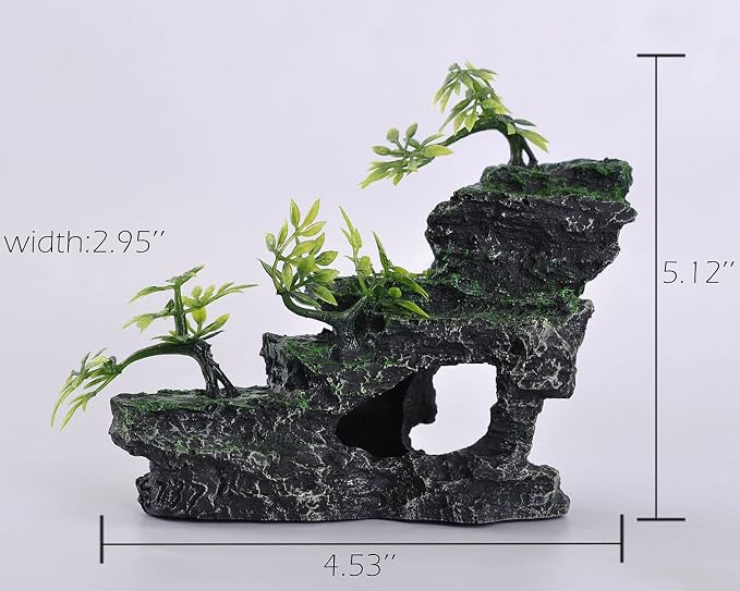 IBWell Aquarium Ornament, Mountain View Stone with Moss Tree Rock Cave Landscape Artificial Fish Tank Decoration