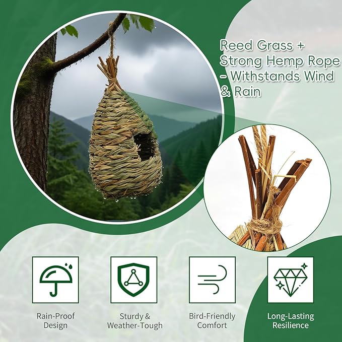 Gute Hummingbird Houses for Outside Hanging, Natural Grass Hanging Bird Hut, Hand Woven Hummingbird Nest, Large Wren Finch Bird House for Garden Window Outdoor Home Decoration, Set of 2
