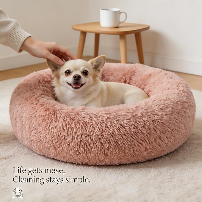 Calming Donut Dogs Beds for Small Dogs Washable,19inch Fluffy Round Puppy Bed for Puppies,Cats & Toy Breeds with Raised Rim,Fits up to 15 lbs Pets,Pink