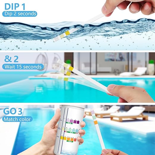 DIP&GO Pool and Spa Test Strips - 125 Test Strips for Pool and Hot Tub | Pool Test Kit for pH, Total Alkalinity, Free Chlorine