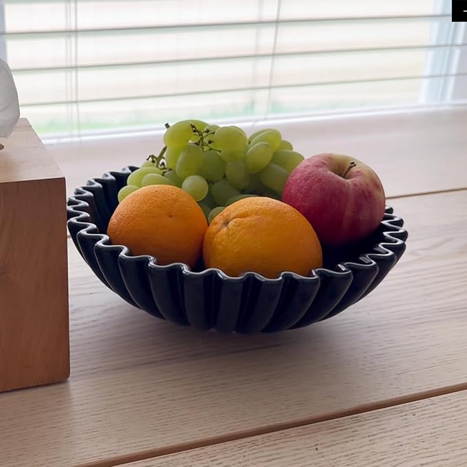 KULEDM Ceramic Decorative Bowl Home Decor - 10in Black Scalloped Ruffle Fruit Bowl for Kitchen Counter, Dishwasher & Microwave Safe