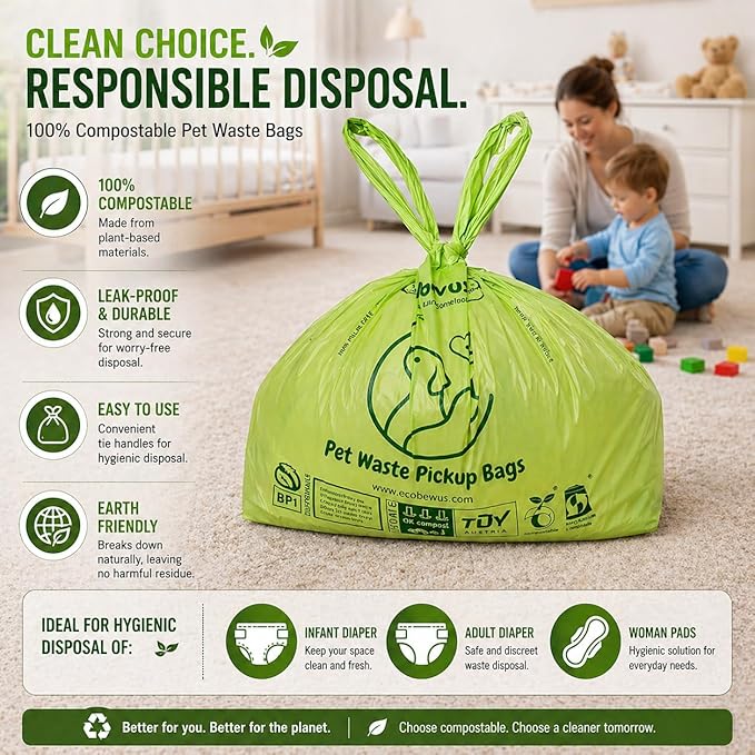100% Compostable XL Pet Waste Bag (120 ct.) Plant-Based Biodegradable Cat Litter Poop Bags Doggy Poop Bags with Handles Compost Liners US BPI ASTM D6400 & OK Compost Home Certified (120 ct)