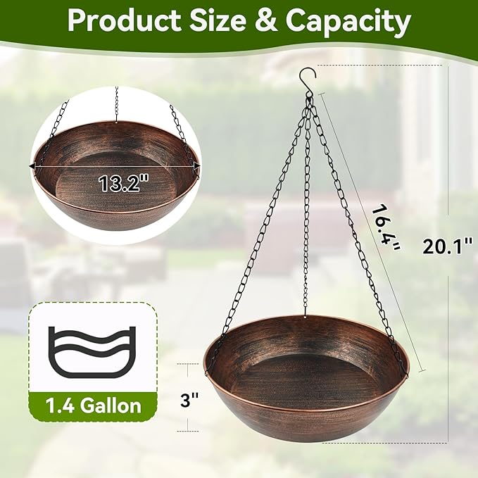 Hanging Bird Bath for Outside, 13" Metal Bird Bath Bowl with Chains & Hook Outdoor Hanging Birdbath for Tree, Gazebo, Patio, Balcony, Gift for Bird Lovers