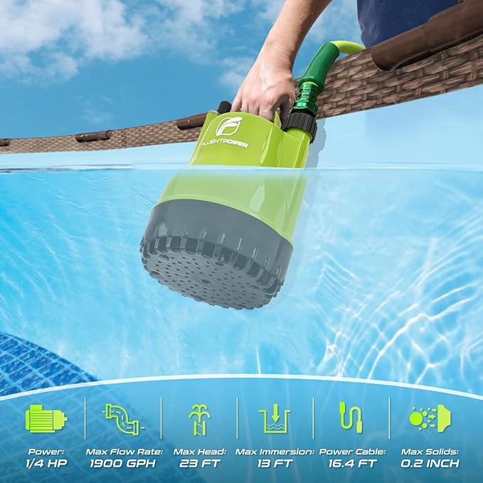 FLUENTPOWER 1/4HP Utility Pump 1900GPH Portable Submersible Sump Pump, Manual Control with 16.4 Ft Cord for Draining Water from Pool Pond Garden Hot Tub Basement Tankless Heater Liquids