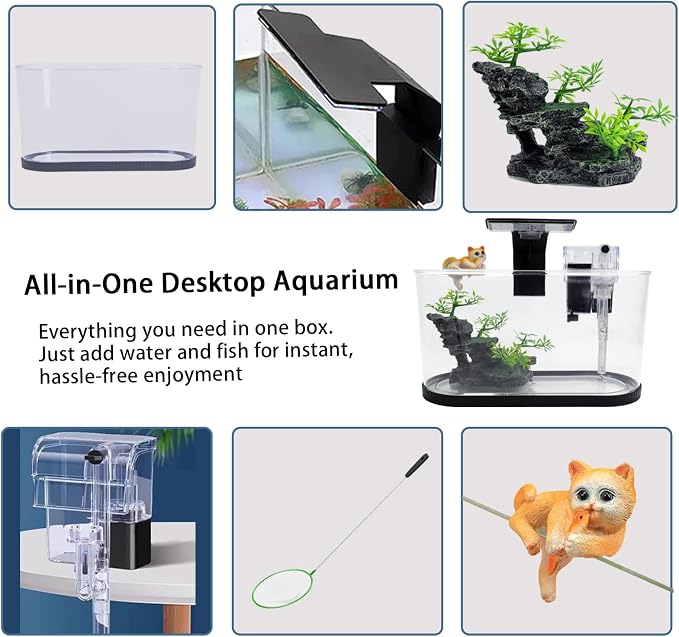 Fish Tank Kit, Small Aquarium Starter Tank with Filter and Light, PC Nano Desktop Tank with Color-Changing LED & Decor - Complete Starter Kit for Betta Fish Shrimp Guppy Goldfish Beta