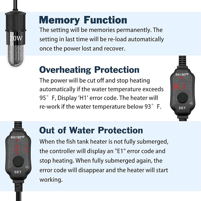 YOFOTHS Adjustable Mini Aquarium Heater 0.5/1/2/3 Gallon Submersible Small Fish Tank Heater 10W/20W/30W Digital Display Thermostat External Temperature Controller(20W)