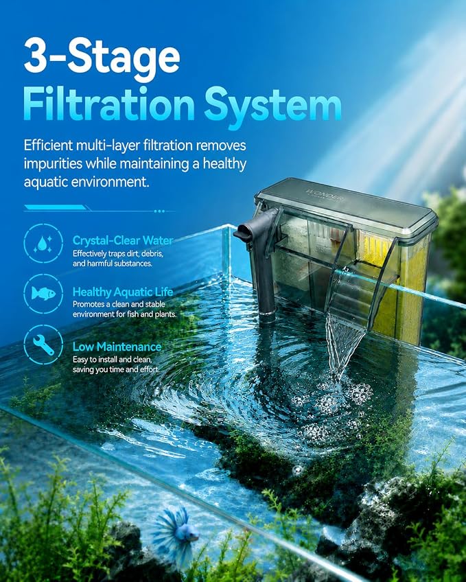 10-Gallon Ultra-Clear Glass Fish Tank Starter Kit, LED Light, Reusable 3-Stage Filter, Lid, Easy Maintenance Rimless Aquarium for Betta and Small Fish